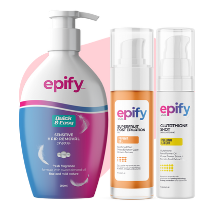 Epify Full Body Care Set, Hair Removal Cream, Superfruit Papaya Gel &amp; Glutathione Shot, 3-Step Body Routine by Beauty Care Bag