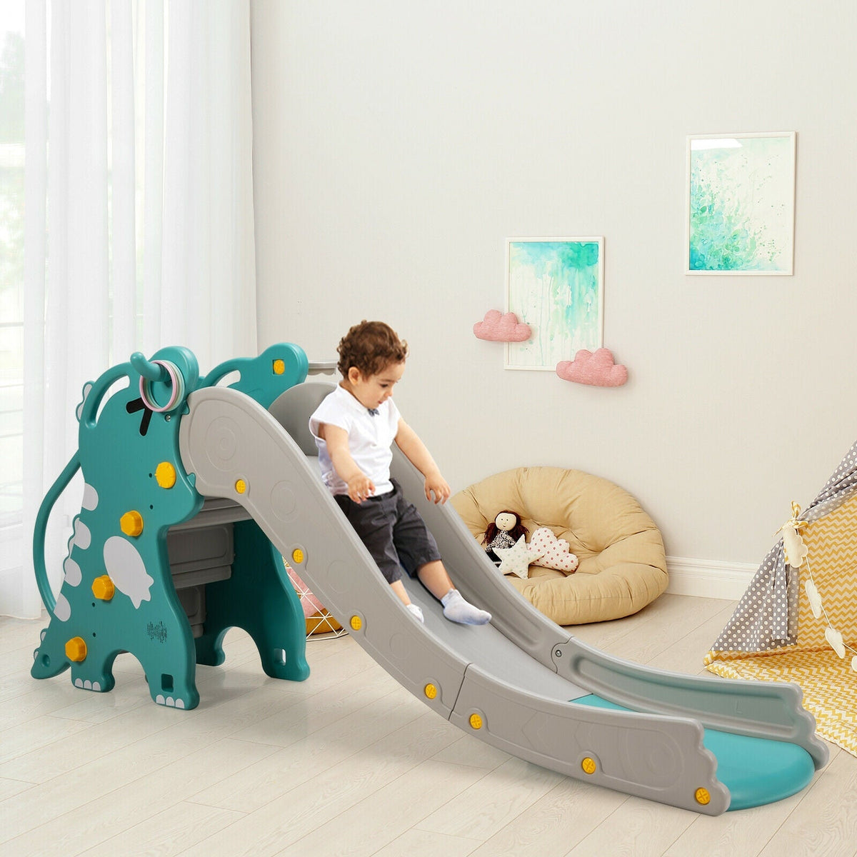 Green kids slide play set with basketball hoop by GBruno Store, view 2