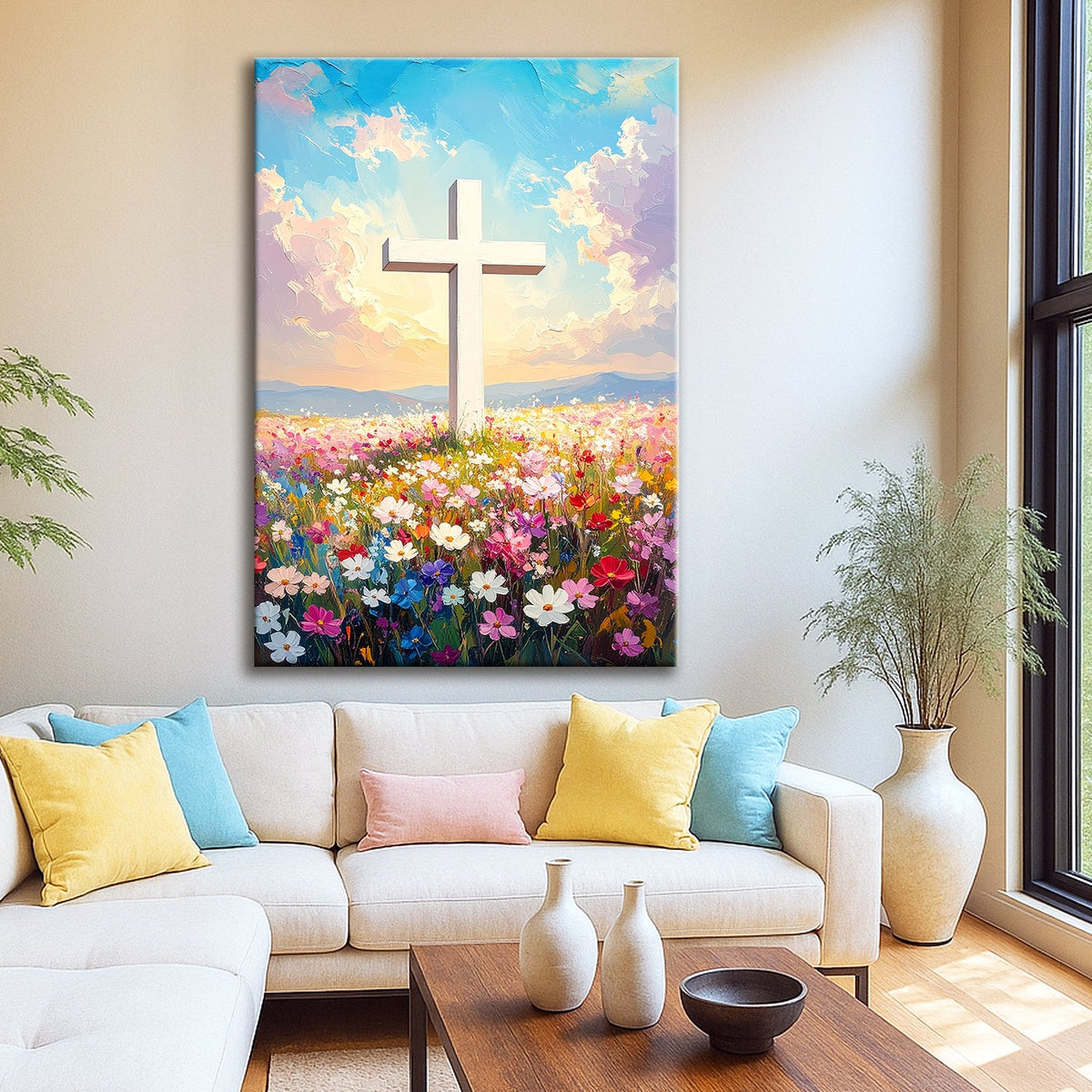 Cross Floral Field Faith Wall Art by Tailored Canvases