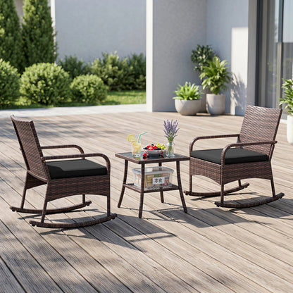 3-piece PE wicker rocking bistro set with cushions and side table by DirectDeals, view 2
