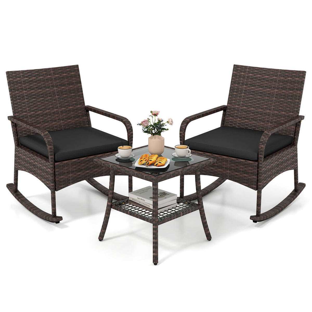 3-piece PE wicker rocking bistro set with cushions and side table by DirectDeals, view 3