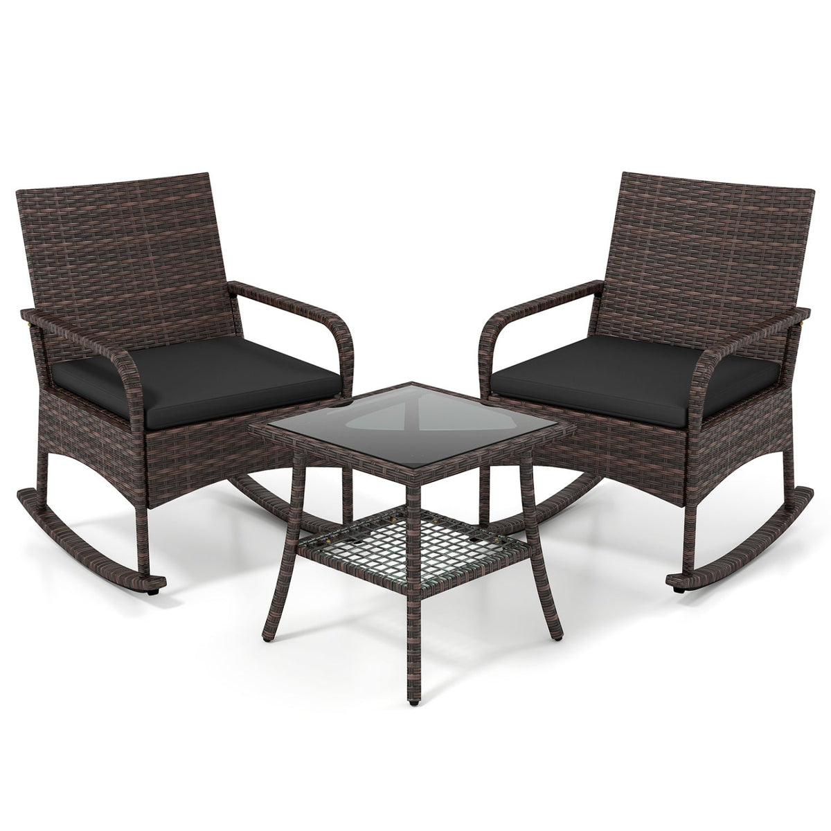 3-piece PE wicker rocking bistro set with cushions and side table by DirectDeals, view 4