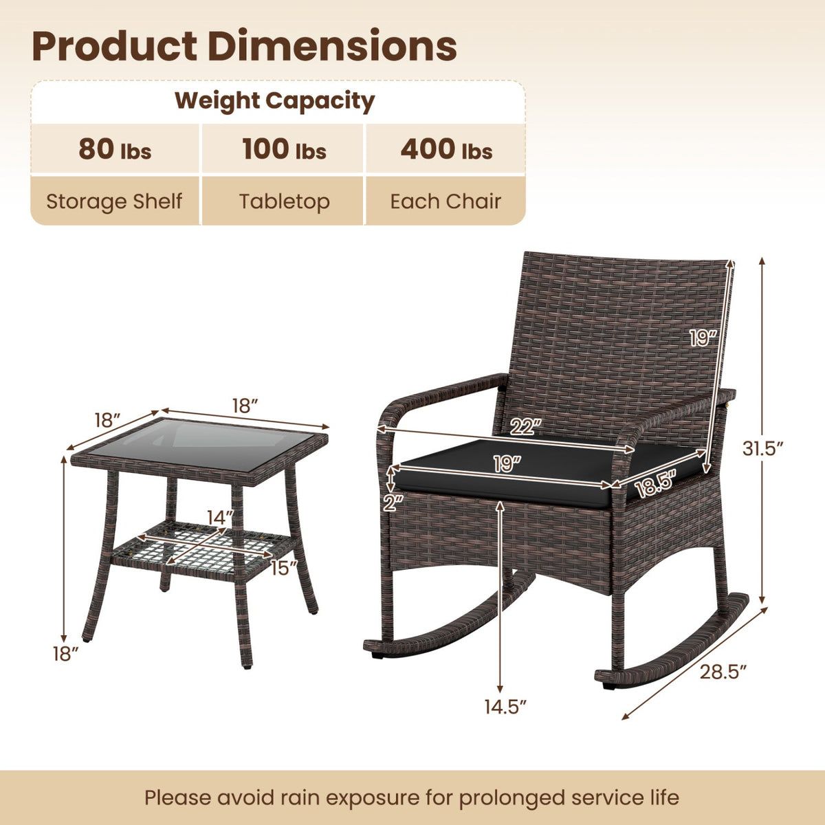 3-piece PE wicker rocking bistro set with cushions and side table by DirectDeals, view 5