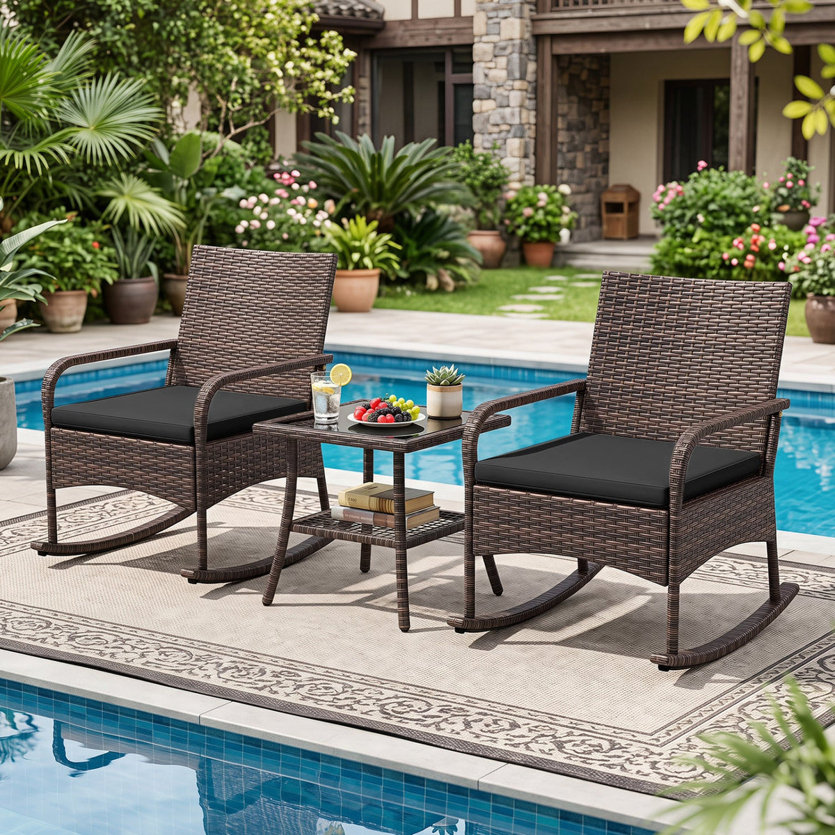 3-piece PE wicker rocking bistro set with cushions and side table by DirectDeals, view 6
