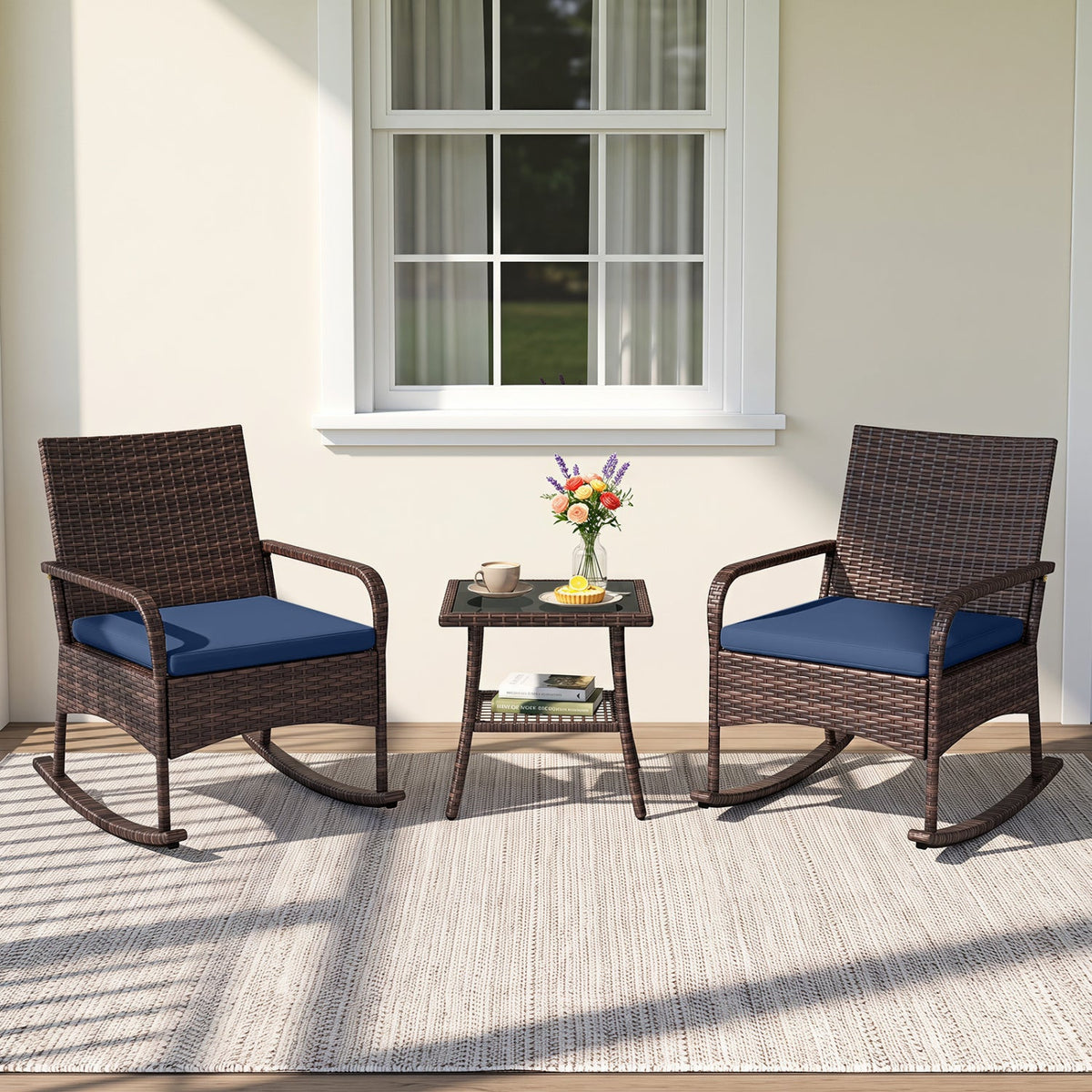 3-piece PE wicker rocking bistro set with cushions and side table by DirectDeals, view 9