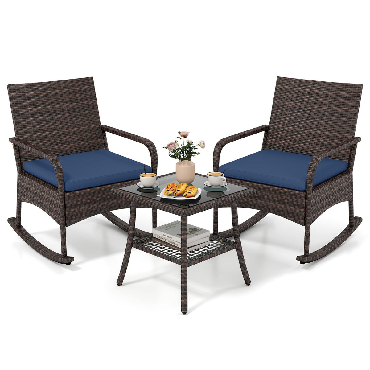 3-piece PE wicker rocking bistro set with cushions and side table by DirectDeals, view 11