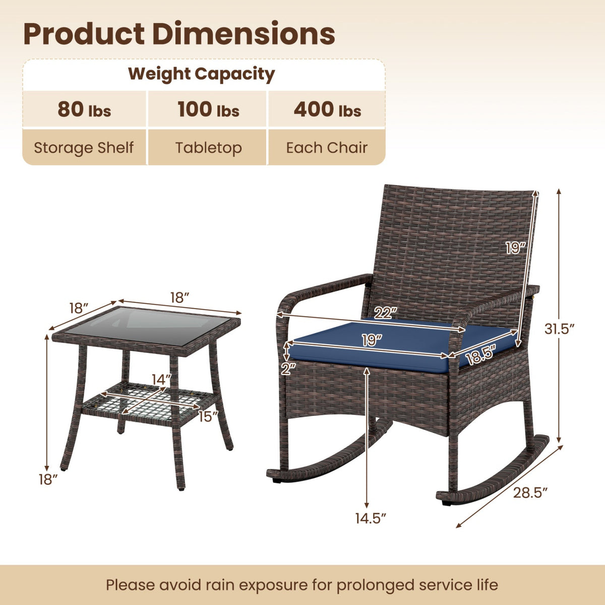 3-piece PE wicker rocking bistro set with cushions and side table by DirectDeals, view 13