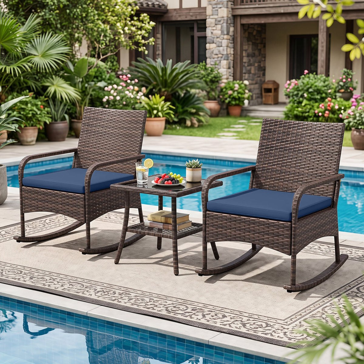 3-piece PE wicker rocking bistro set with cushions and side table by DirectDeals, view 14