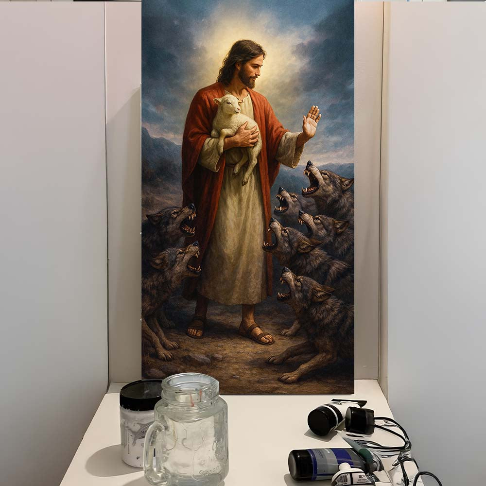 Jesus Protects The Lamb From Wolves Faith Wall Art V by Tailored Canvases