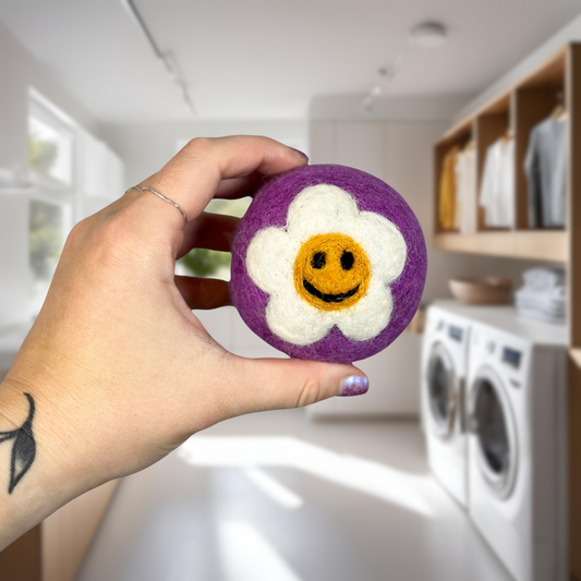 Organic wool dryer balls in In Bloom Purple design