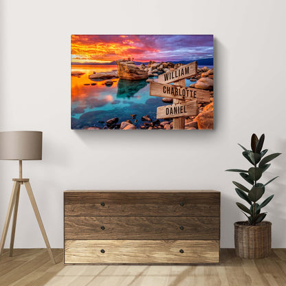 Sunset Beach Skies Family Names Sign by Tailored Canvases
