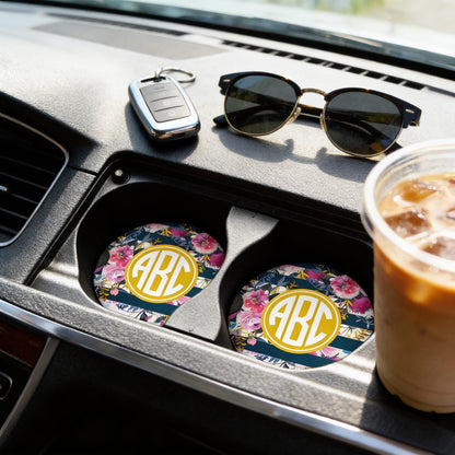 Monogram Car Coasters - Navy Rose Gold Floral Sandstone Car Coaster by Joyful Moose