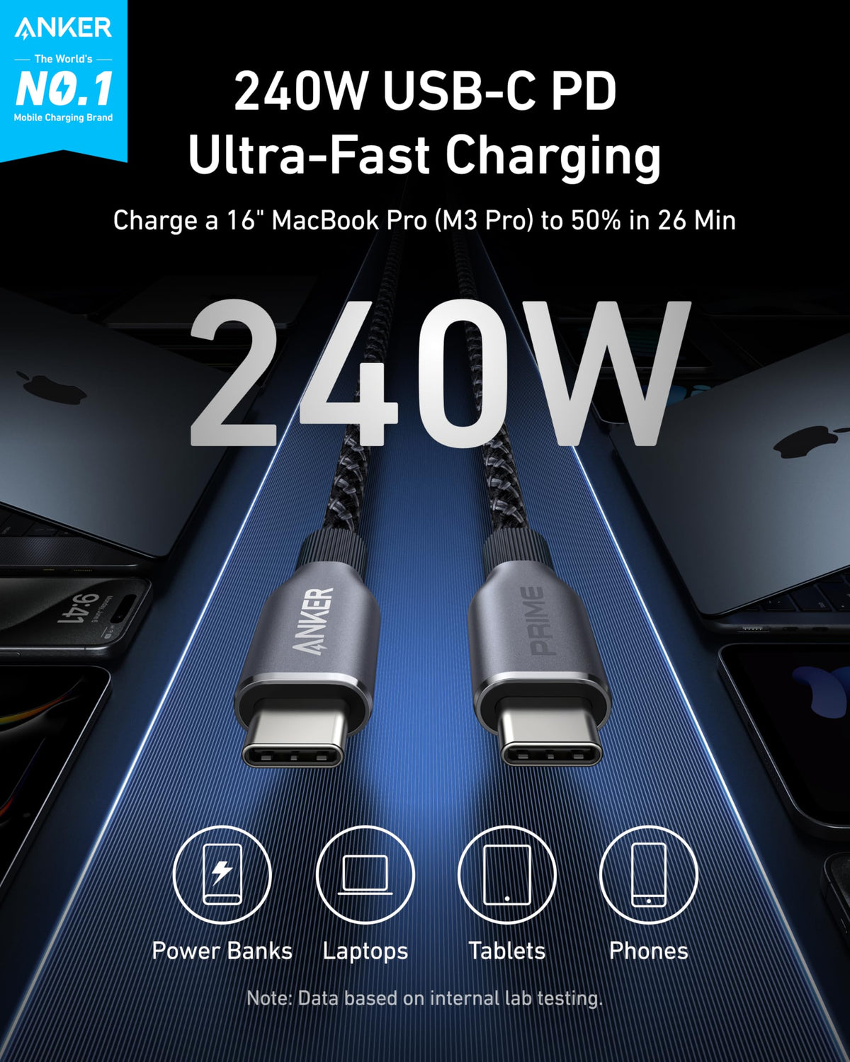 Anker Prime USB-C to USB-C Cable (240W, Upcycled-Braided) by Anker