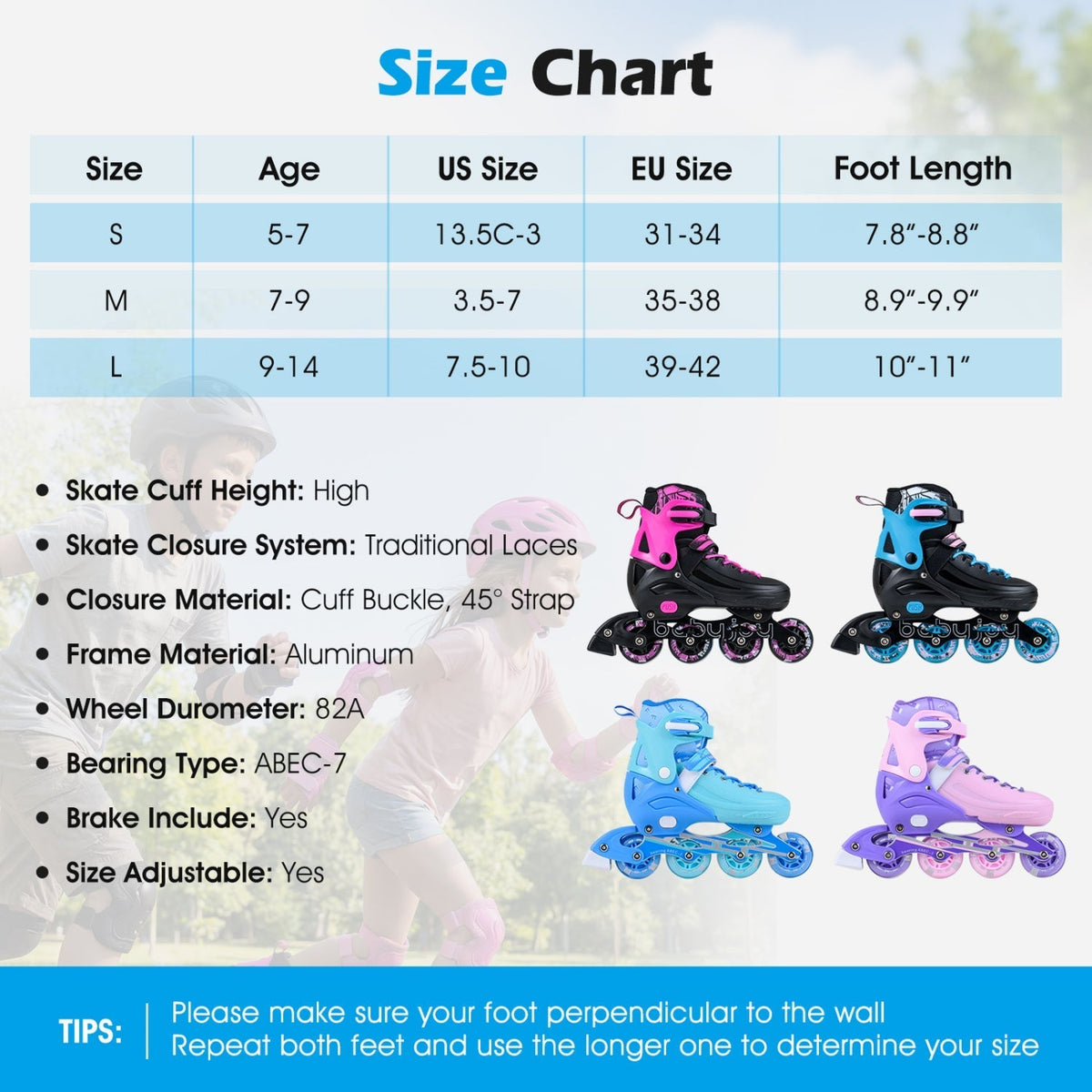 4-Size Adjustable Light-Up Kids Inline Skates for Kids Ages 7-9Torqelo.com