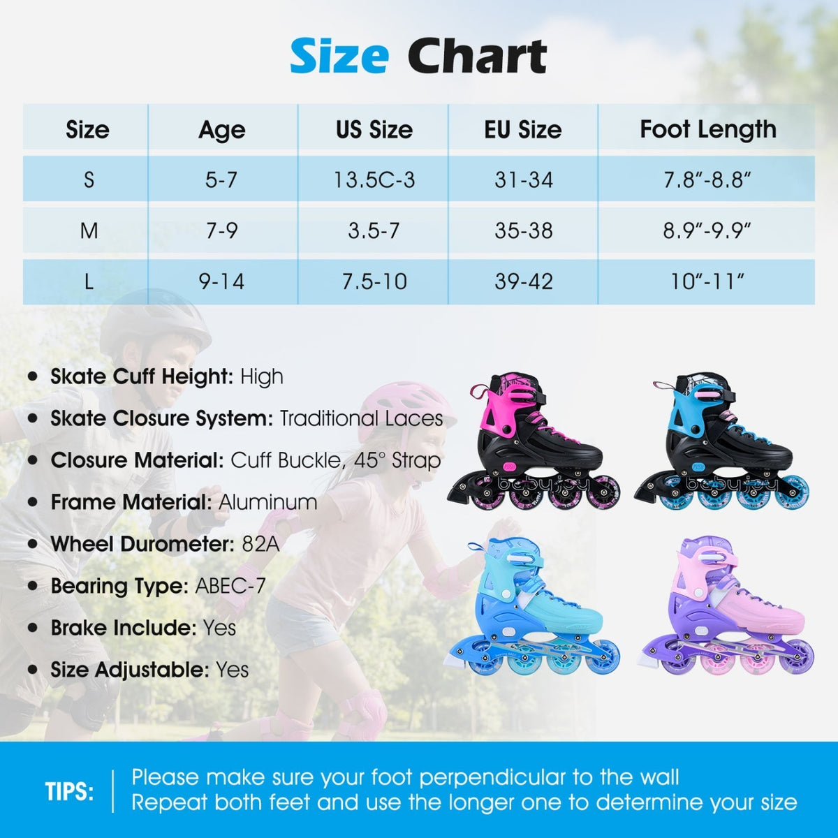 Adjustable kids inline skates for ages 7-9 by GBruno Store, view 7