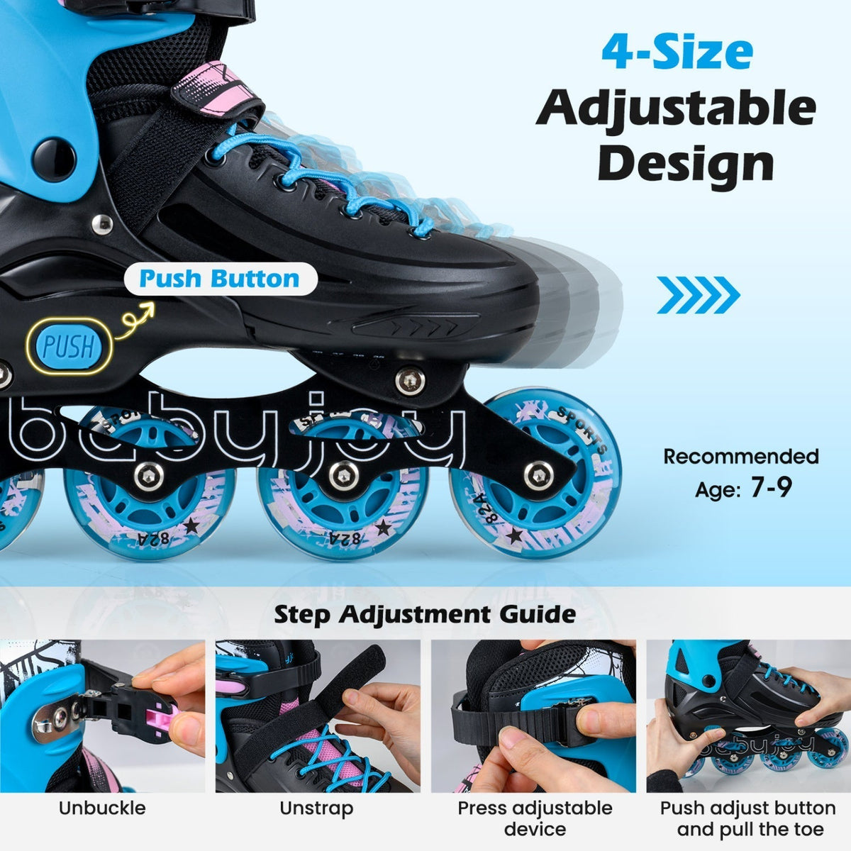 4-Size Adjustable Light-Up Kids Inline Skates for Kids Ages 7-9Torqelo.com