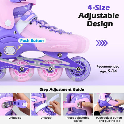 4-Size Adjustable Light-Up Kids Inline Skates for Kids Ages 9-14Torqelo.com
