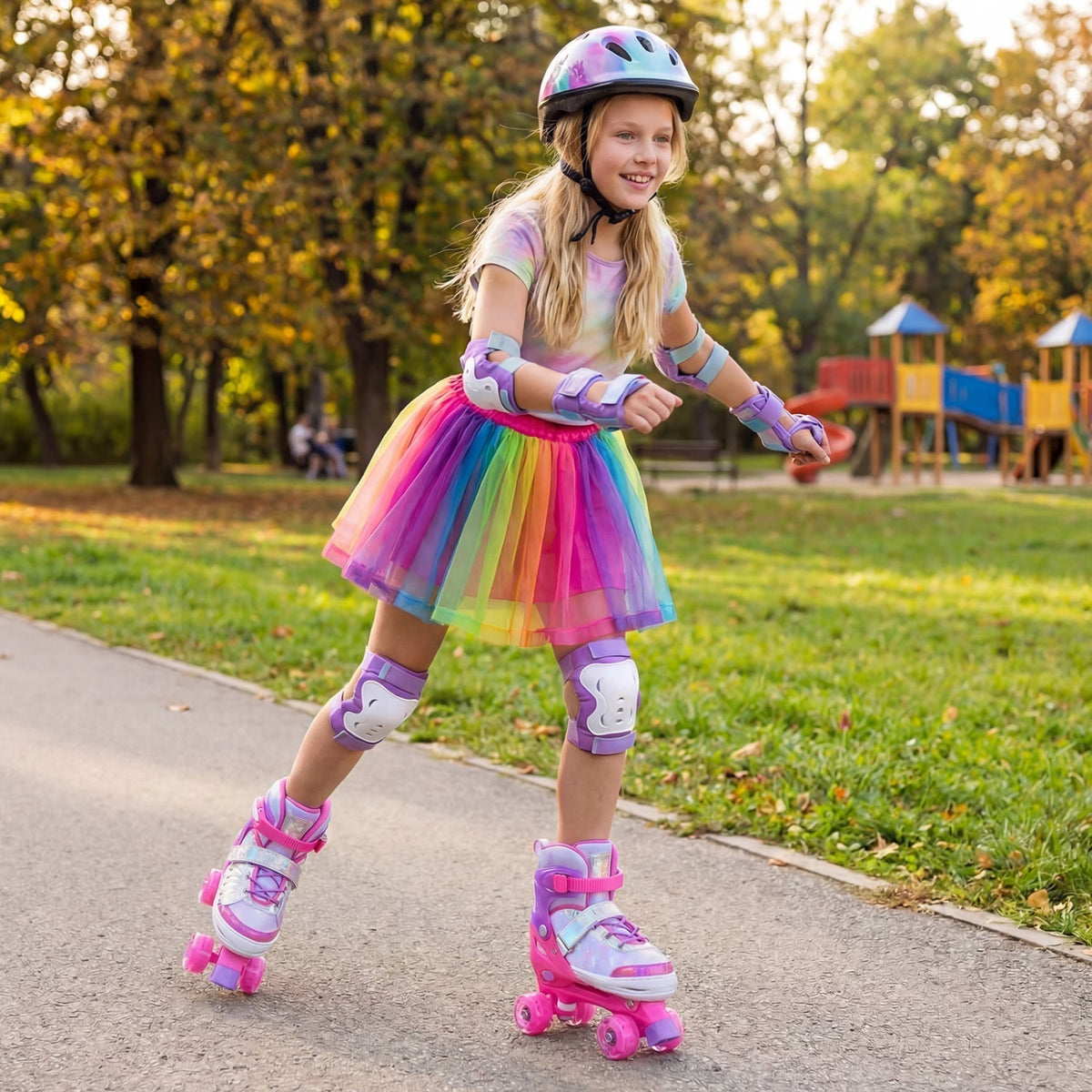 Adjustable light-up kids roller skates in pink or blue by GBruno Store, view 3