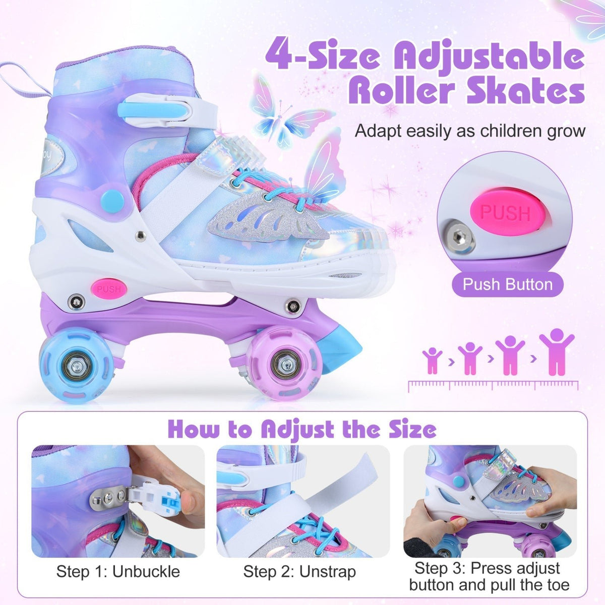 4 Sizes Adjustable Kids Roller Skates for Toddlers Ages 9-14 with 4 Light-up WheelsTorqelo.com