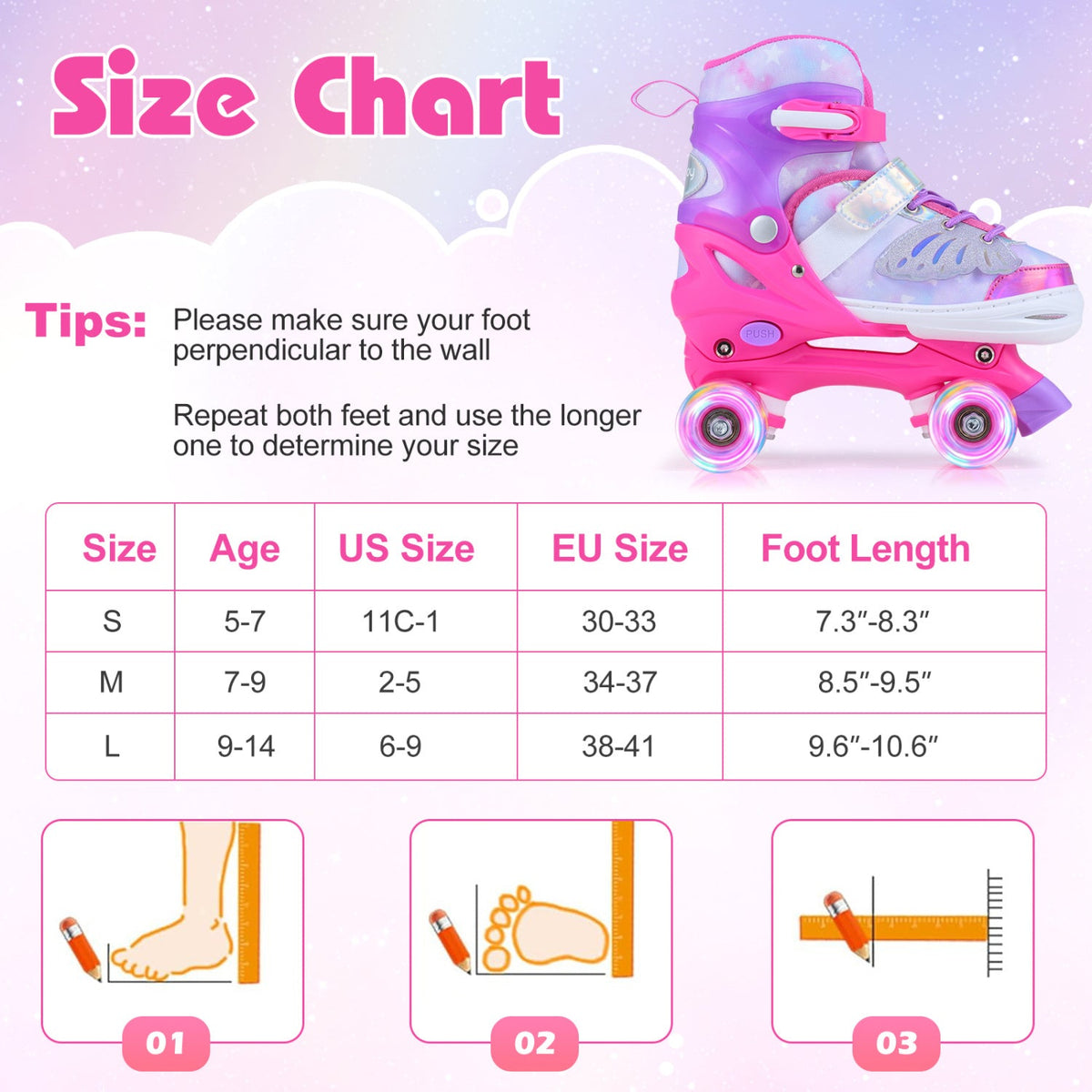 Adjustable light-up kids roller skates in pink or blue by GBruno Store, view 4
