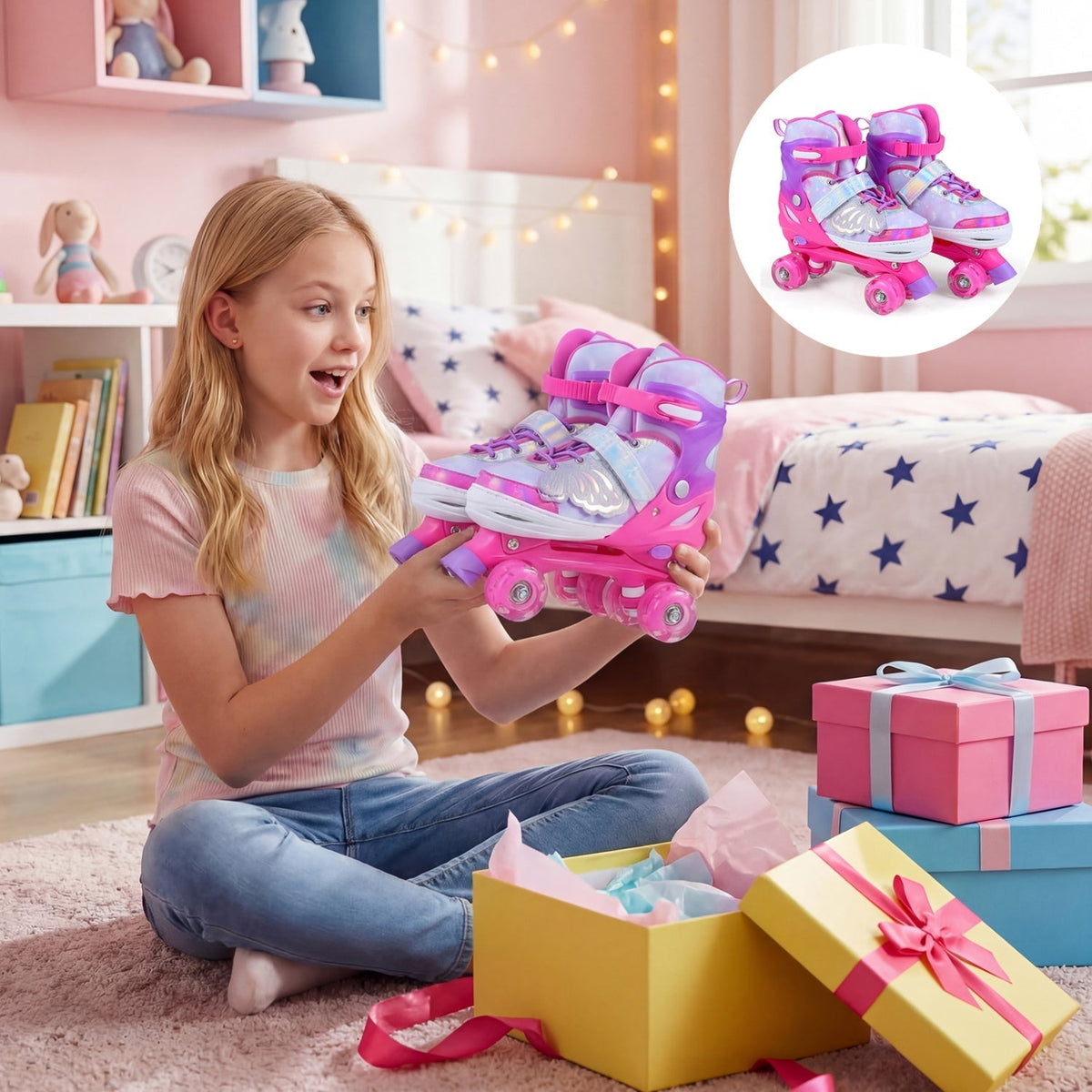 Adjustable light-up kids roller skates in pink or blue by GBruno Store, view 5