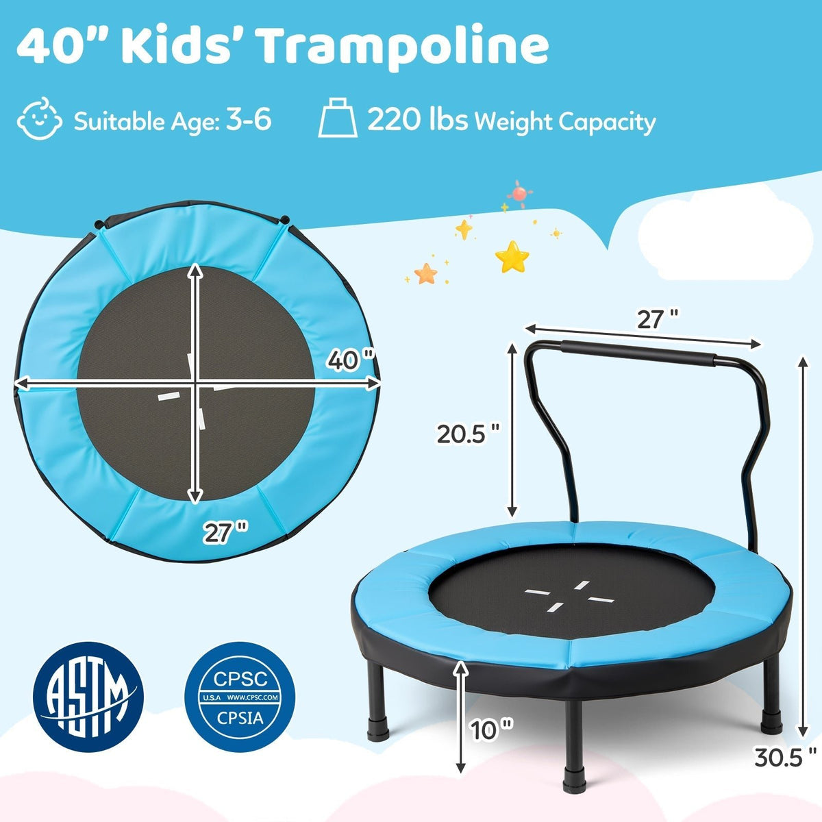 40 inch kids trampoline with handlebar by GBruno Store, view 8