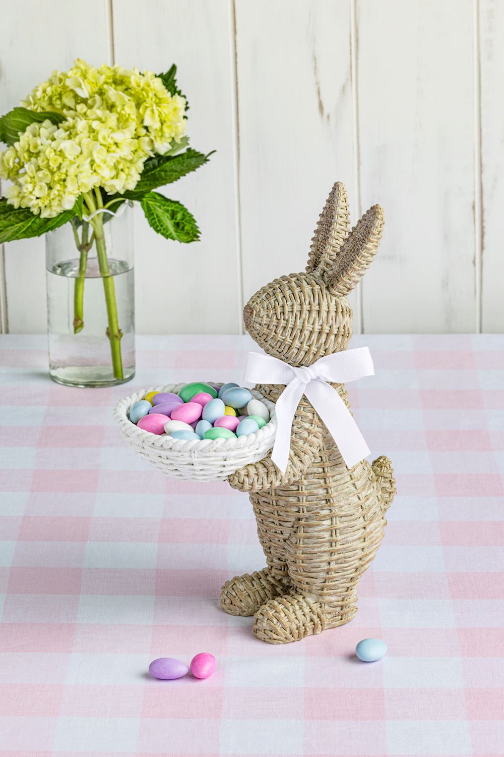 Woven Wicker Resin Bunny Sitter with Candy Dish by Rust & Cinder