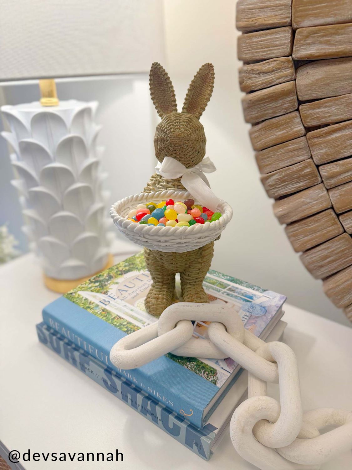 Woven Wicker Resin Bunny Sitter with Candy Dish by Rust & Cinder