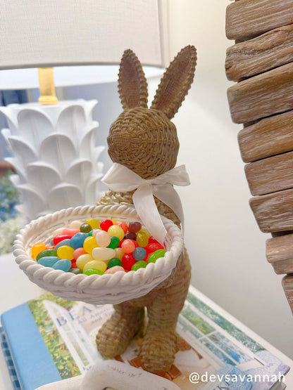 Woven Wicker Resin Bunny Sitter with Candy Dish by Rust & Cinder
