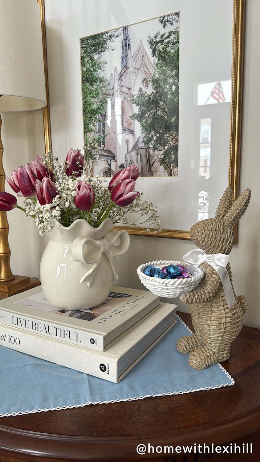Woven Wicker Resin Bunny Sitter with Candy Dish by Rust & Cinder