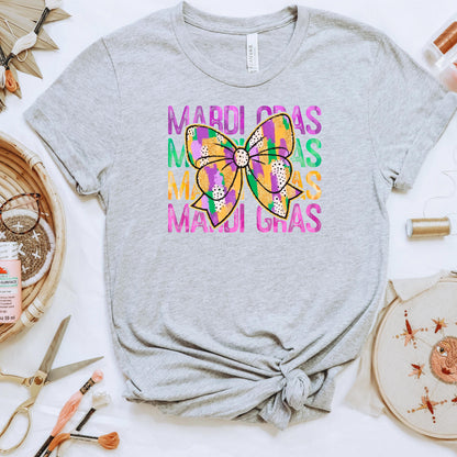 Mardi Gras Shirt - Purple Green Gold Coquette Bow Tee | New Orleans Carnival Outfit by Joyful Moose
