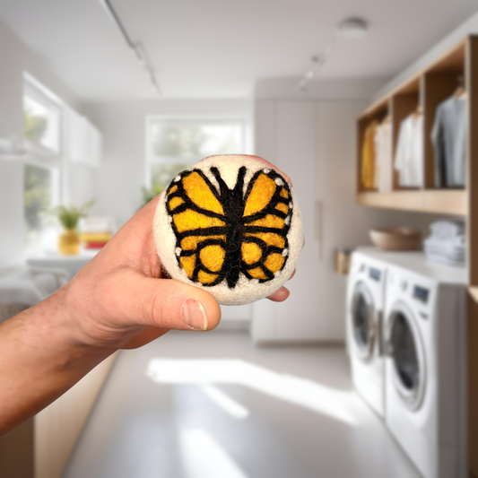 Organic wool dryer balls in Monarch Butterfly design