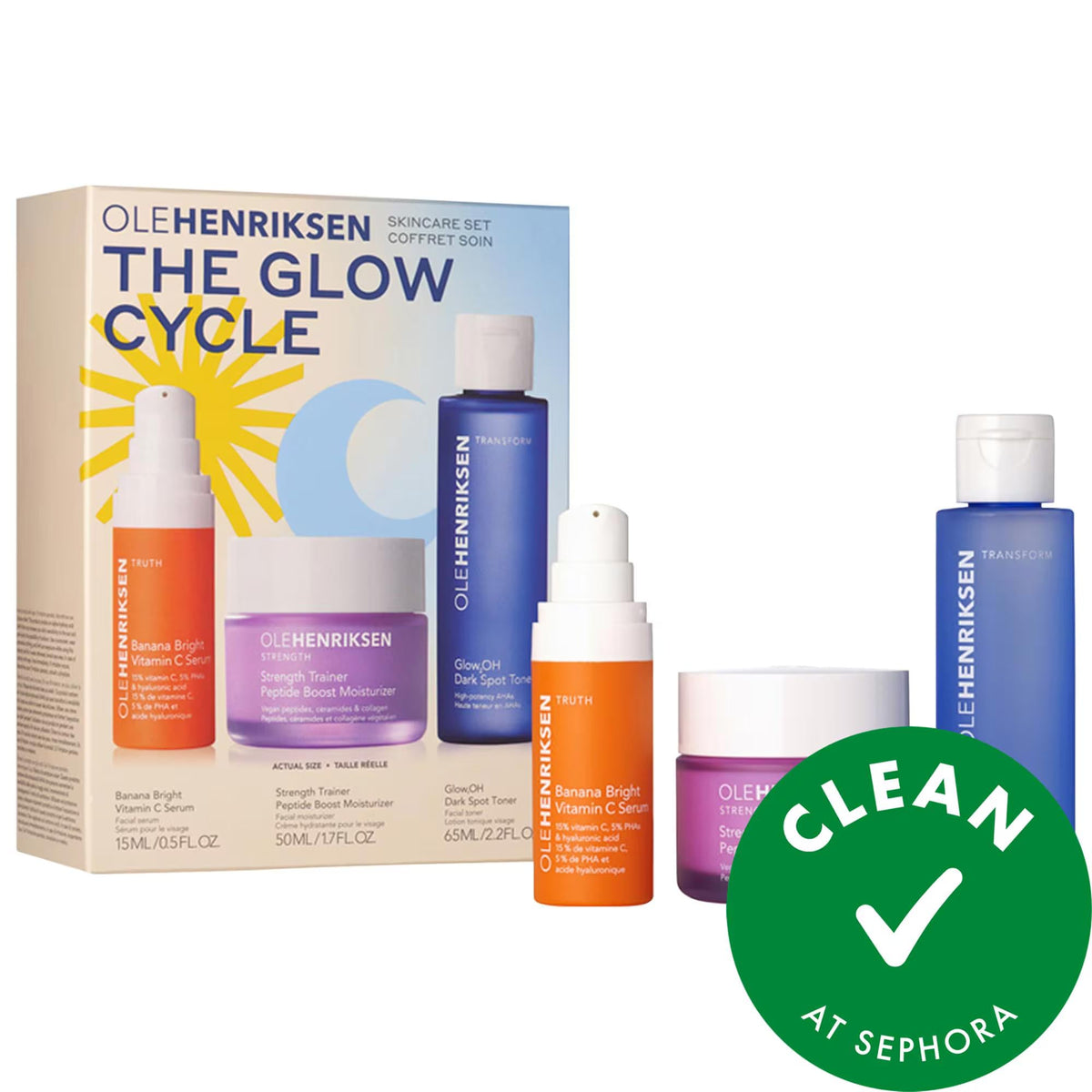 The Glow Cycle 3-step skincare set with vitamin C serum, peptide moisturizer and AHA toner