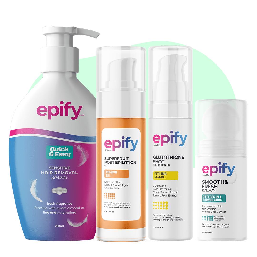 Epify Ultra Personal Care Set, Hair Removal Cream, Papaya Gel, Glutathione Shot &amp; Underarm Roll-On, Complete 4-Step Routine by Beauty Care Bag