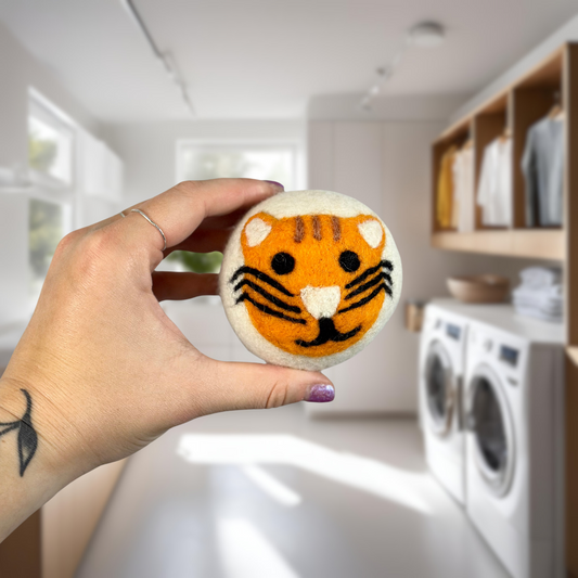 Organic wool dryer balls in Orange Kitty design