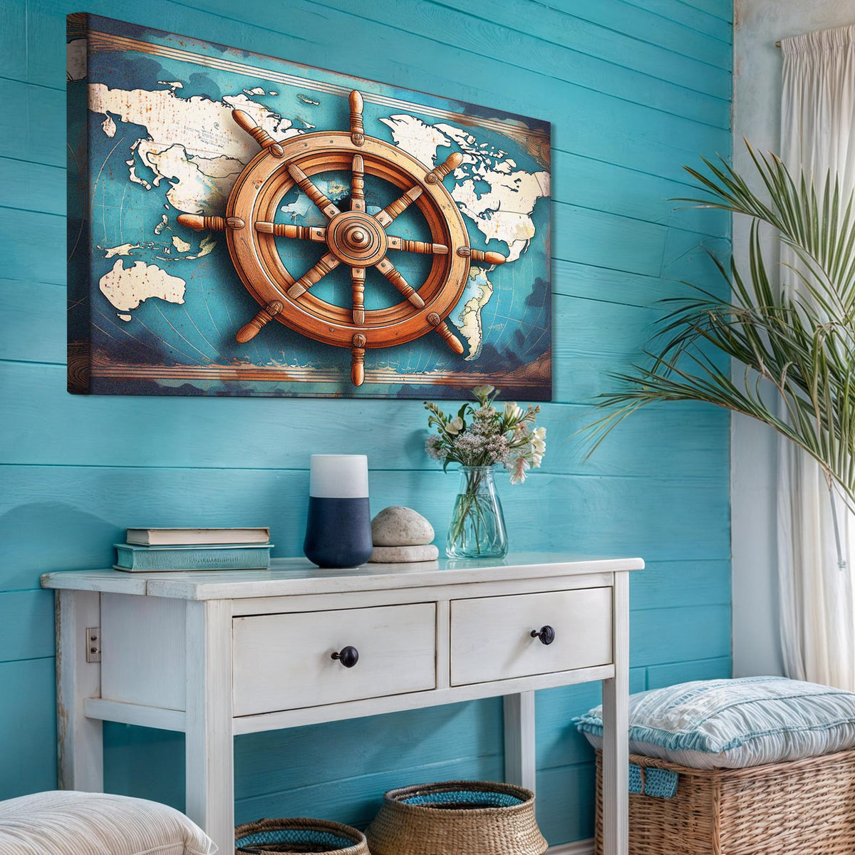 Sailboat Ship Wheel Coastal Wall Art by Tailored Canvases