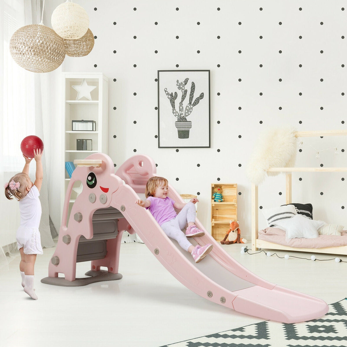 GBruno Store cartoon-shaped kids slide with basketball hoop