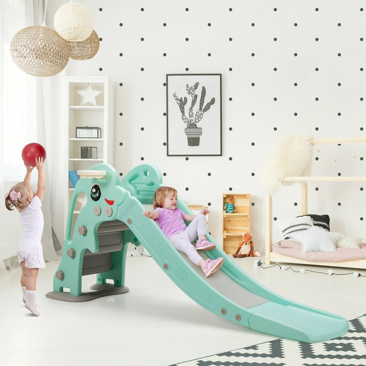GBruno Store cartoon-shaped kids slide with basketball hoop, view 4