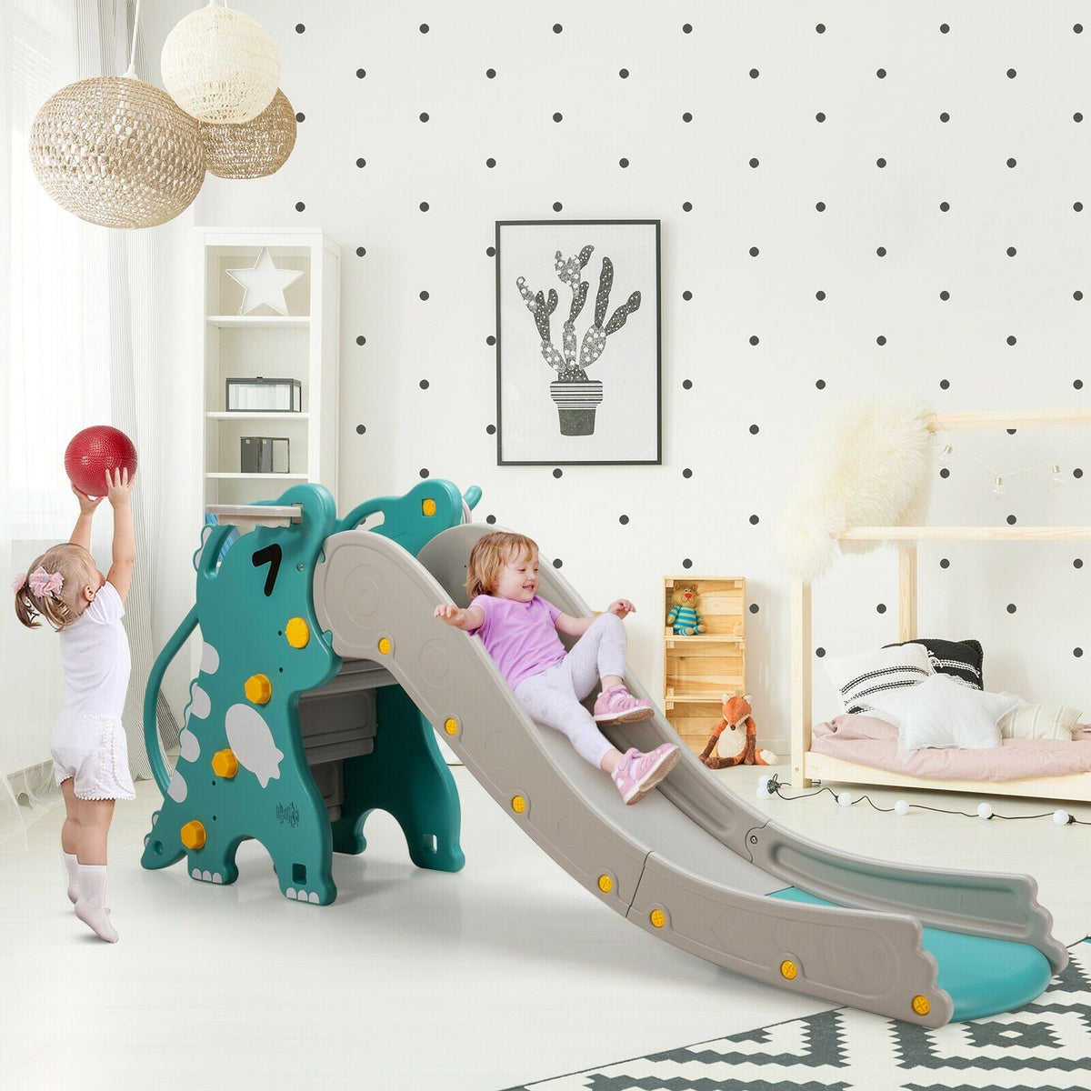 Green kids slide play set with basketball hoop by GBruno Store, view 5