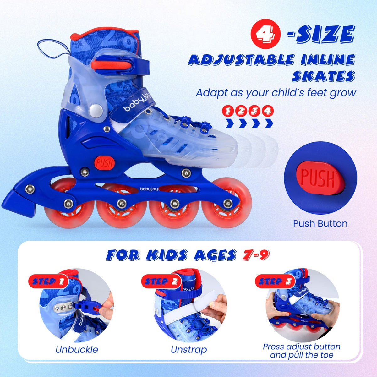 Kids light-up inline skates, 4 adjustable sizes, by GBruno Store, view 12