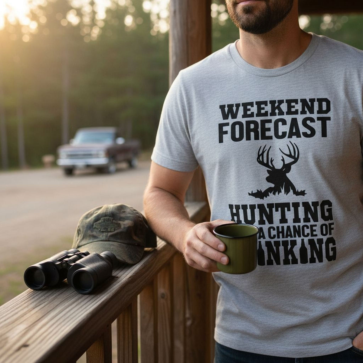 Hunting Gift for Men - Hunting with a chance of Drinking T-shirt - Funny Mens Shirt by Joyful Moose