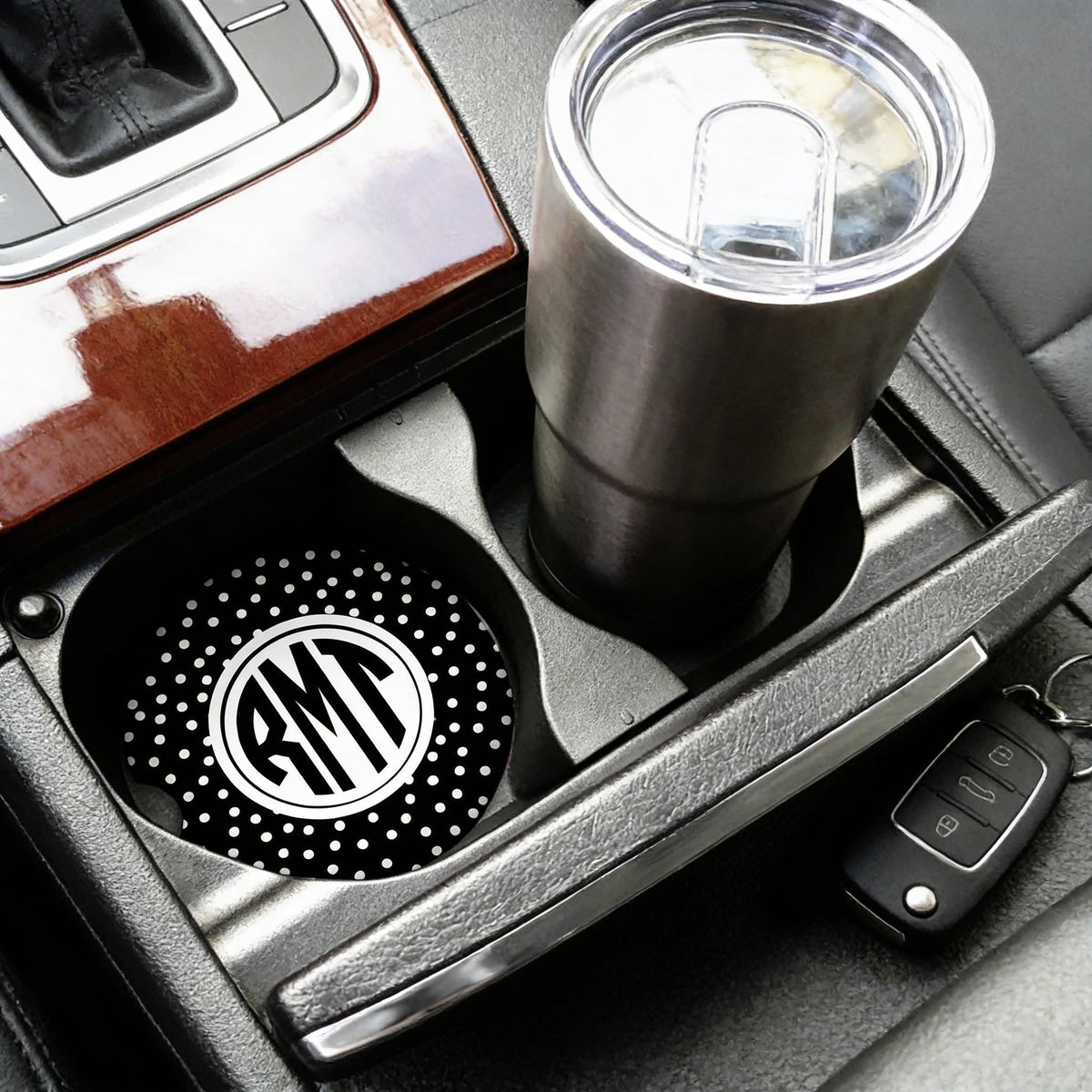 Monogram Car Coaster - Sandstone Circle Polka Dot Cup Holder Insert by Joyful Moose