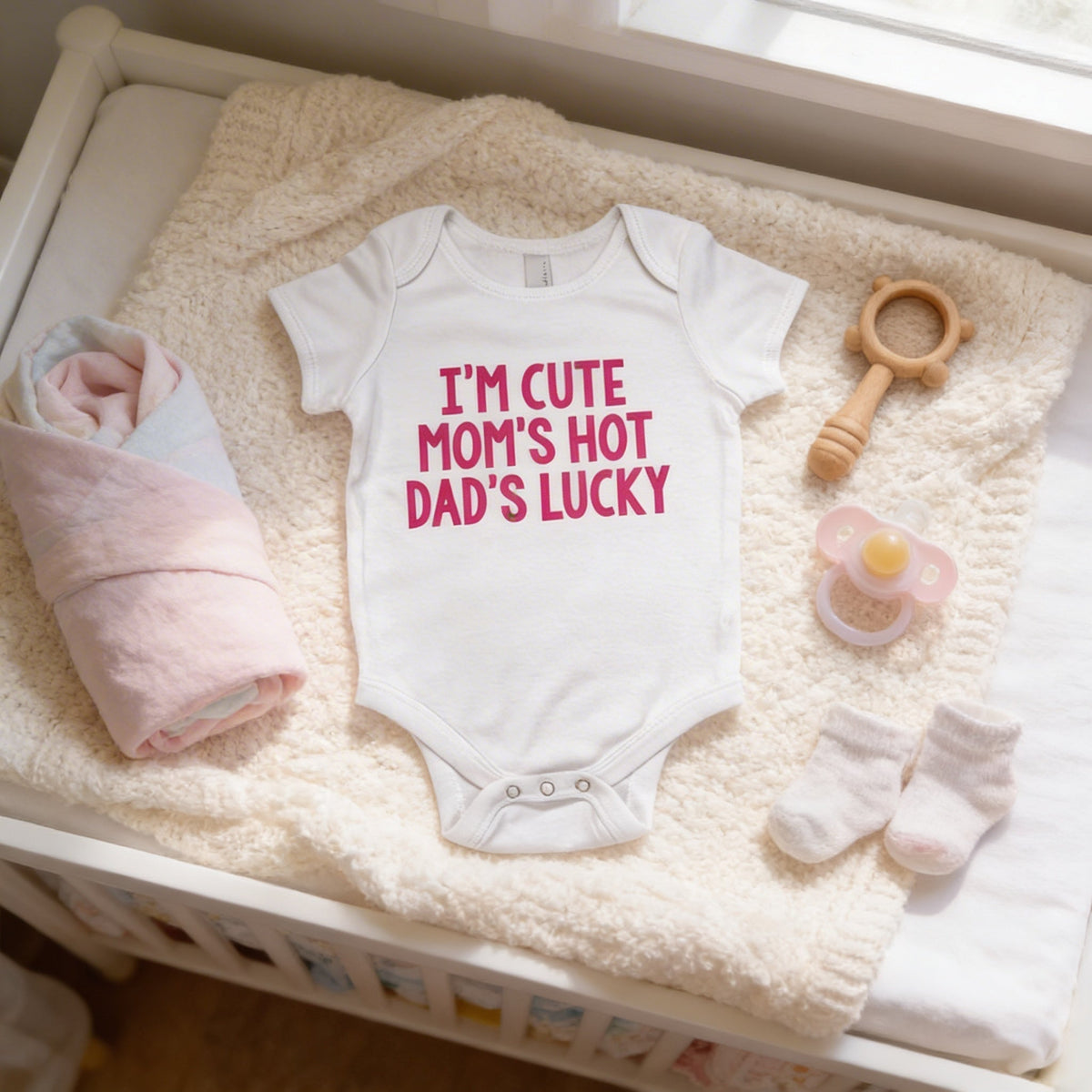 Funny Baby Girl Shirt - Newborn Baby Girl Gift - New Baby Girl Pink Outfit - Cute Hot Lucky by Joyful Moose