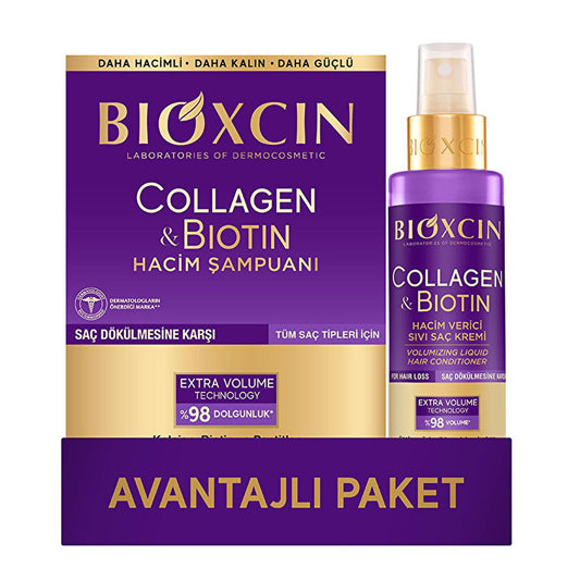 Bioxcin Collagen Biotin Shampoo & Leave-In Conditioner Set: Volumize, Strengthen & Prevent Hair Loss - Thickening Shampoo for Thin Hair by Beauty Care Bag