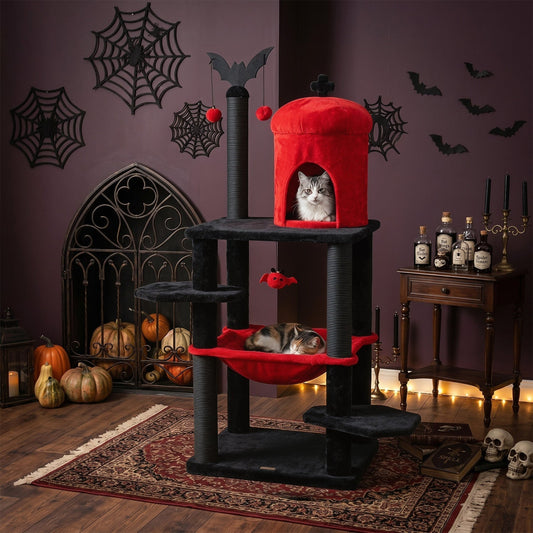 51-inch Halloween castle cat tree with hammock and dangling toys by GBruno Store