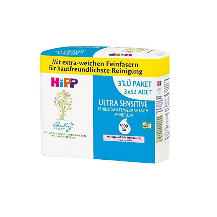 Hipp ultra sensitive baby wipes, 3 packs of 52