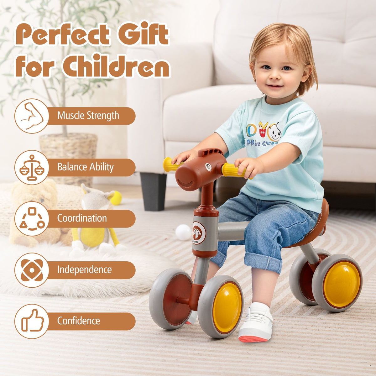 Baby Balance Bike No Pedal 4-Wheel Bicycle-Brown by GBruno Store