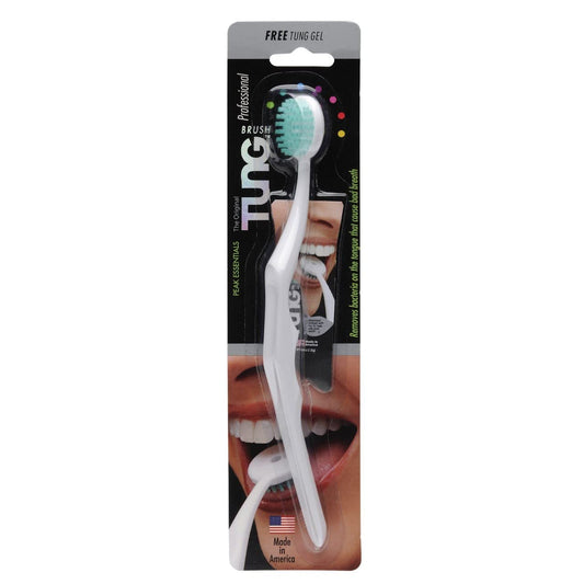 Tung tongue brush with wide rounded head and soft bristles
