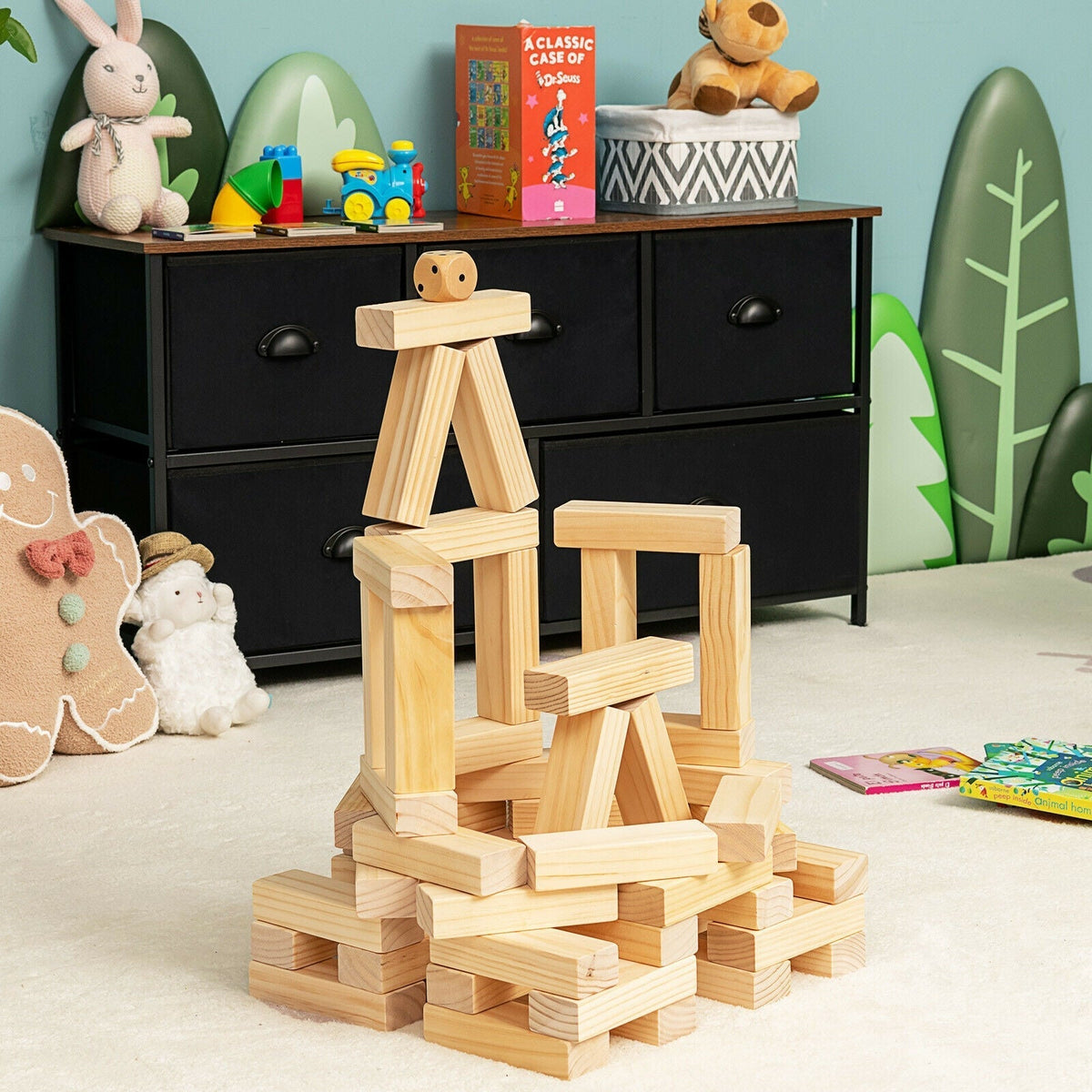 Tumbling timber stacking game with 54 pine blocks, dice and bag by GBruno Store