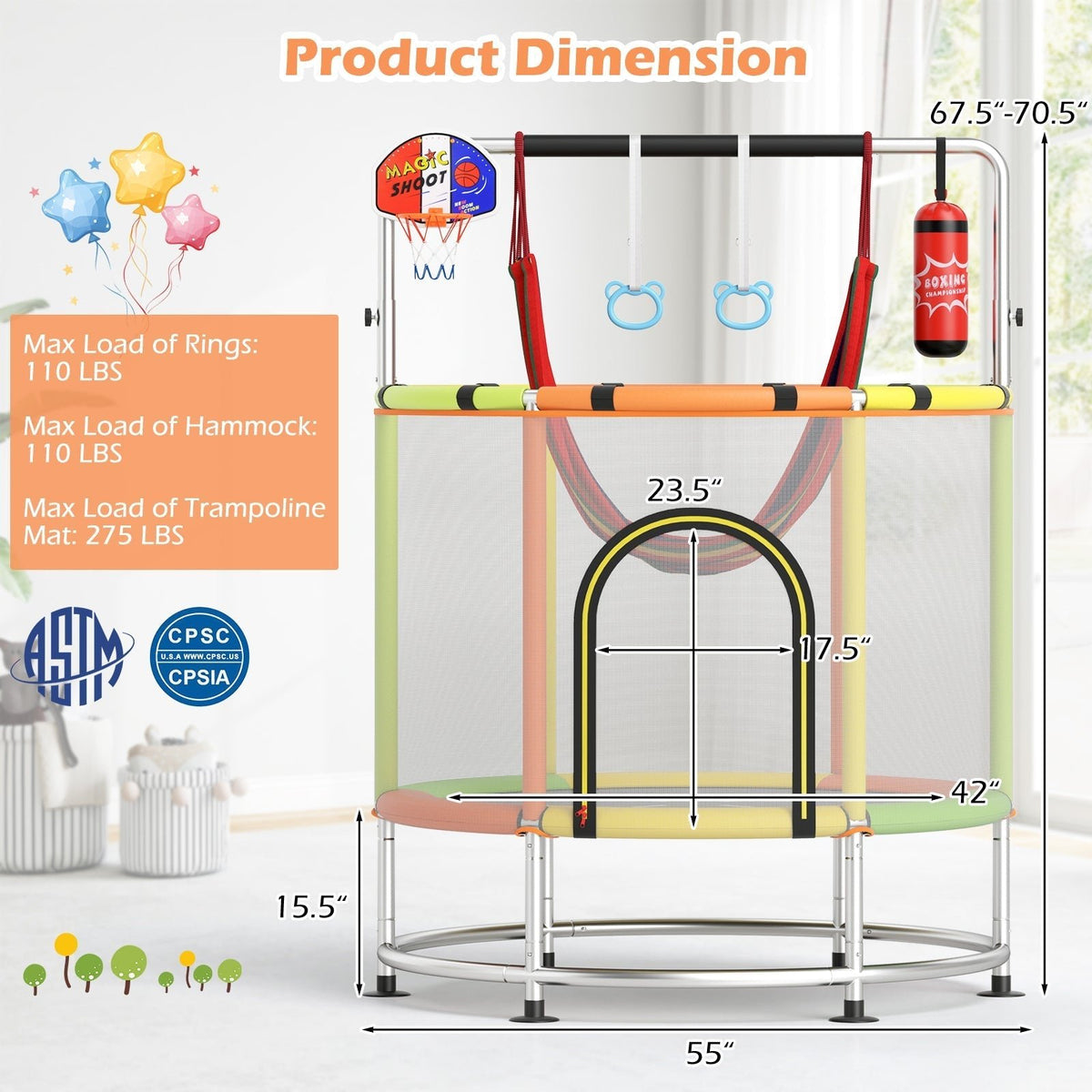 55-inch kids trampoline with enclosure net and gym bar by GBruno Store, view 9